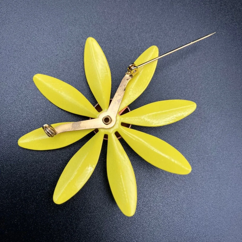 Vintage Enamel Daisy Flower Brooch Yellow Orange Large Mod Floral Pin 2.75in